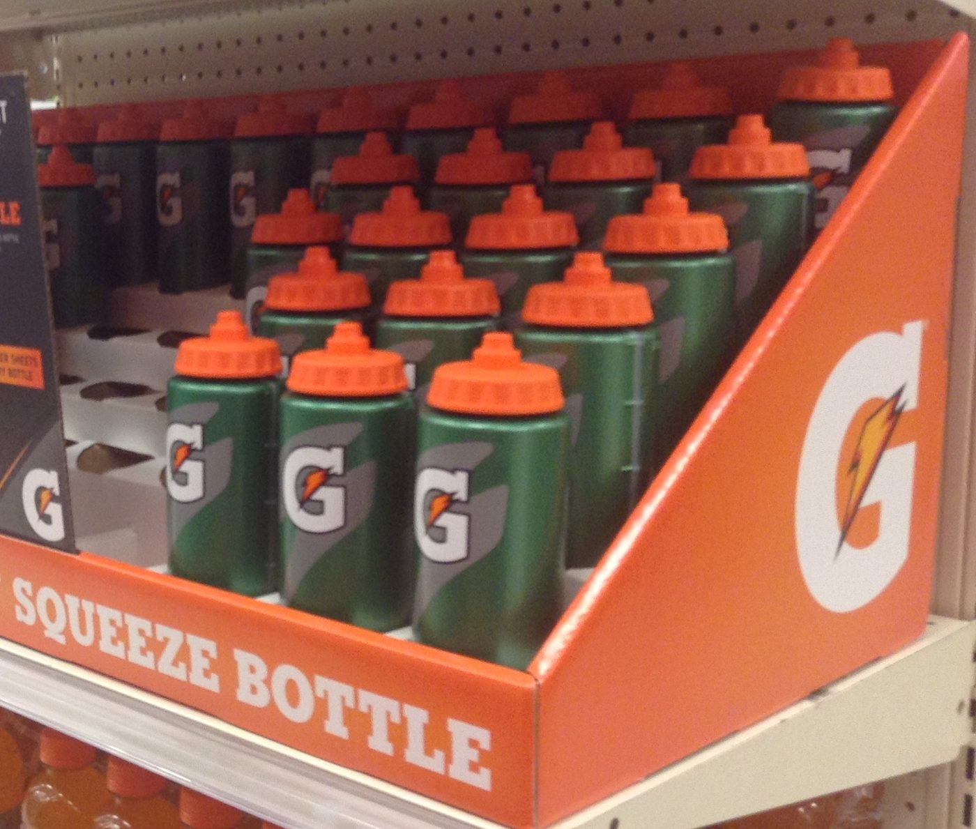 Gatorade squeeze bottles on a store end-cap display in 2014 (not the recalled product)