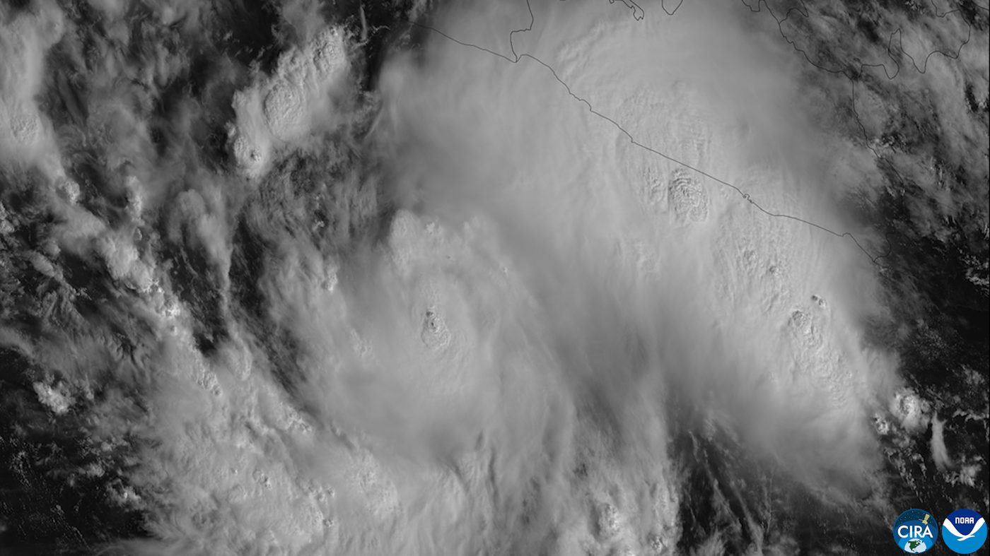 GOES satellite image of Tropical Storm Simon off the southwestern coast of Mexico on Oct. 8, 2026