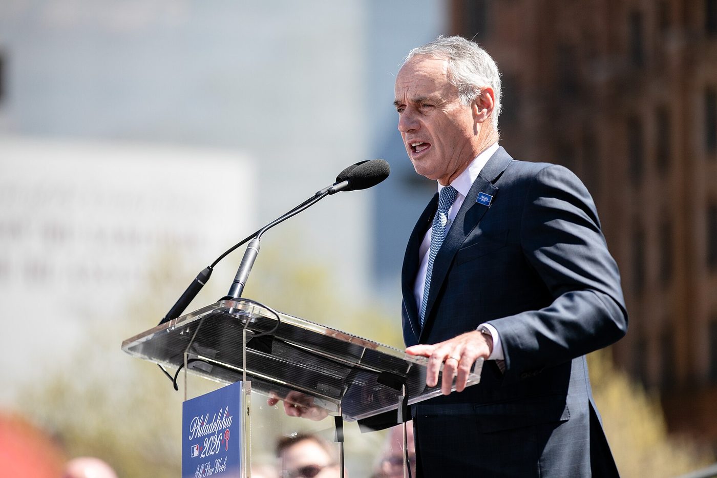 MLB Commissioner Rob Manfred speaks in Philadelphia in April 2019