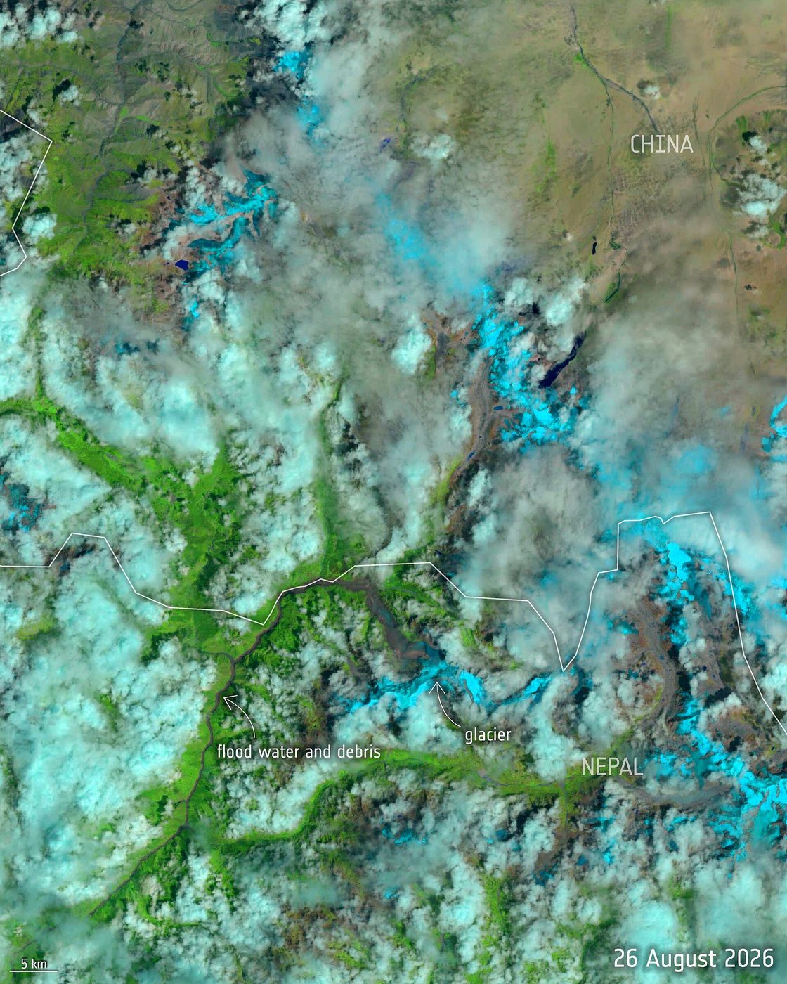 Satellite image of northern Nepal after the Aug. 26, 2026 glacier-collapse flash flood