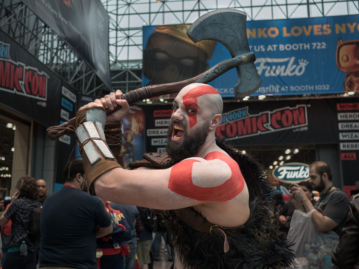 A cosplayer dressed as Kratos at New York Comic Con in October 2018