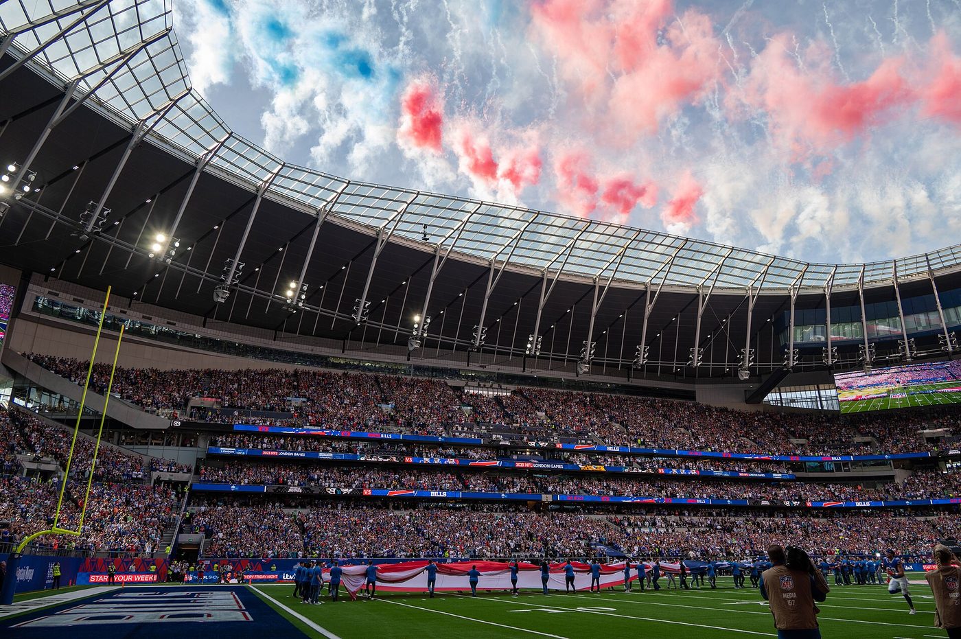 Fans fill Tottenham Hotspur Stadium in London before a Jacksonville Jaguars vs. Buffalo Bills NFL game in 2023