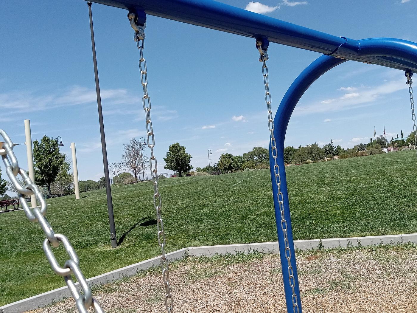 View of a grassy field from a playground swing set, 2023 (not the recalled product)