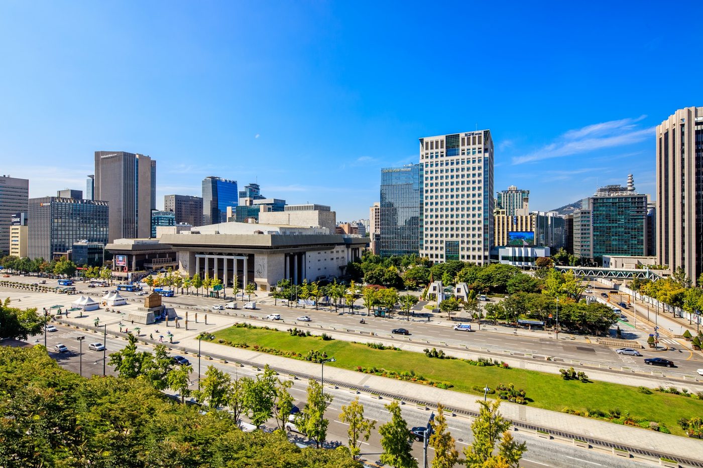 The South Korean Foreign Ministry building and the Sejong Center along Sejong-daero in Seoul, 2020