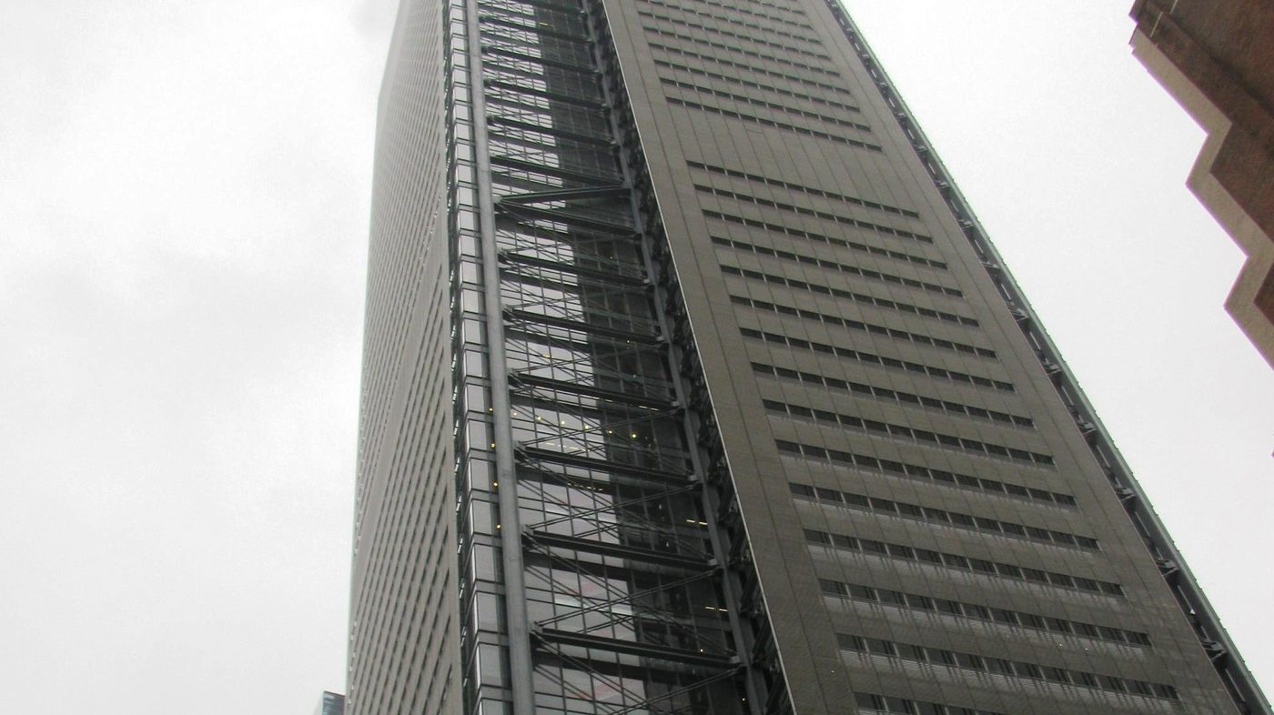 The New York Times Building on Eighth Avenue in Manhattan, seen from below against an overcast sky, Oct. 13, 2011