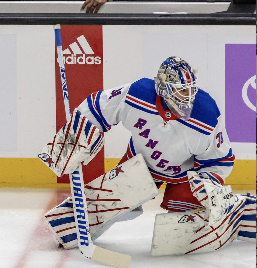 Close-up of New York Rangers goalie Igor Shesterkin in November 2022