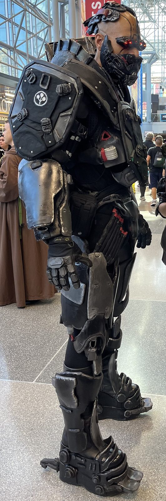 A cosplayer dressed as Adam Smasher from Cyberpunk 2077 at New York Comic Con in 2023