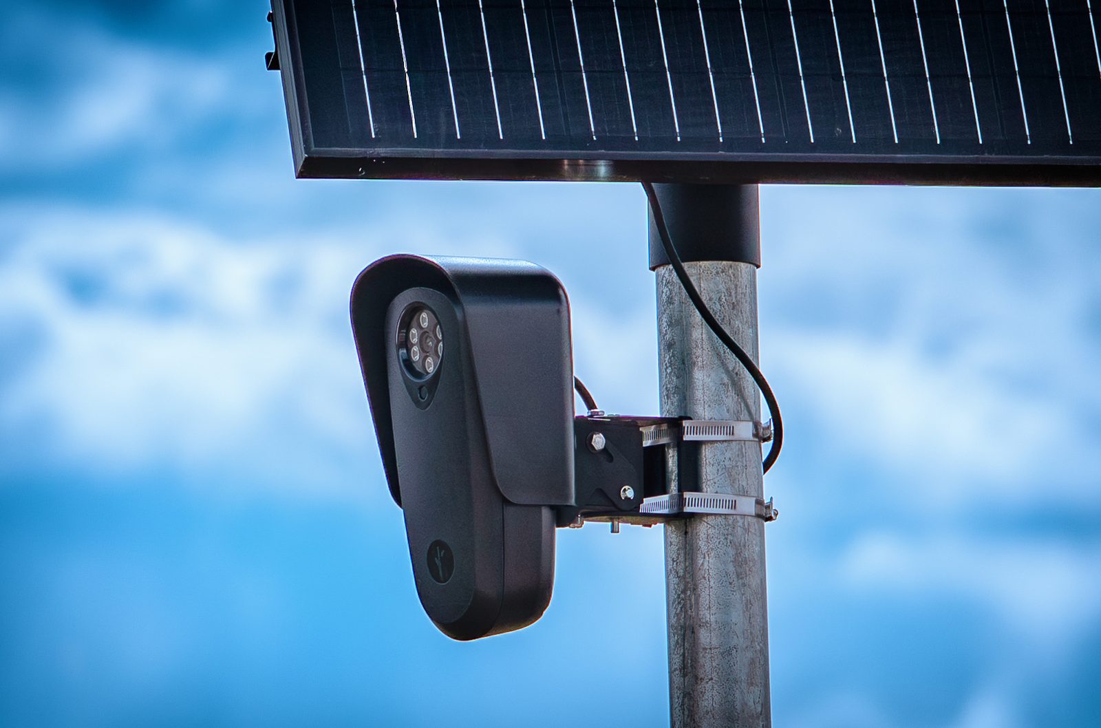 A Flock Safety automated license plate reader camera on a pole in Jackson County, Colorado