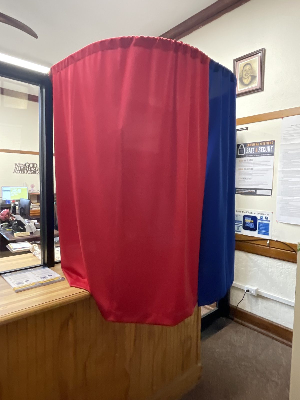 A voting booth at the Madison Parish Courthouse in Tallulah, Louisiana