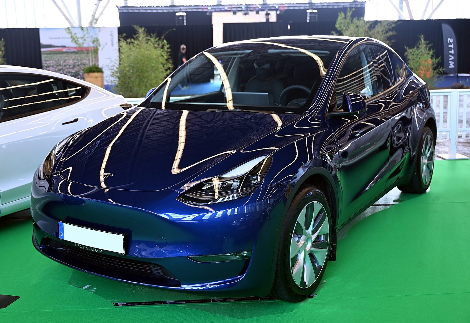 A Tesla Model Y parked at the Fully Charged show in Amsterdam