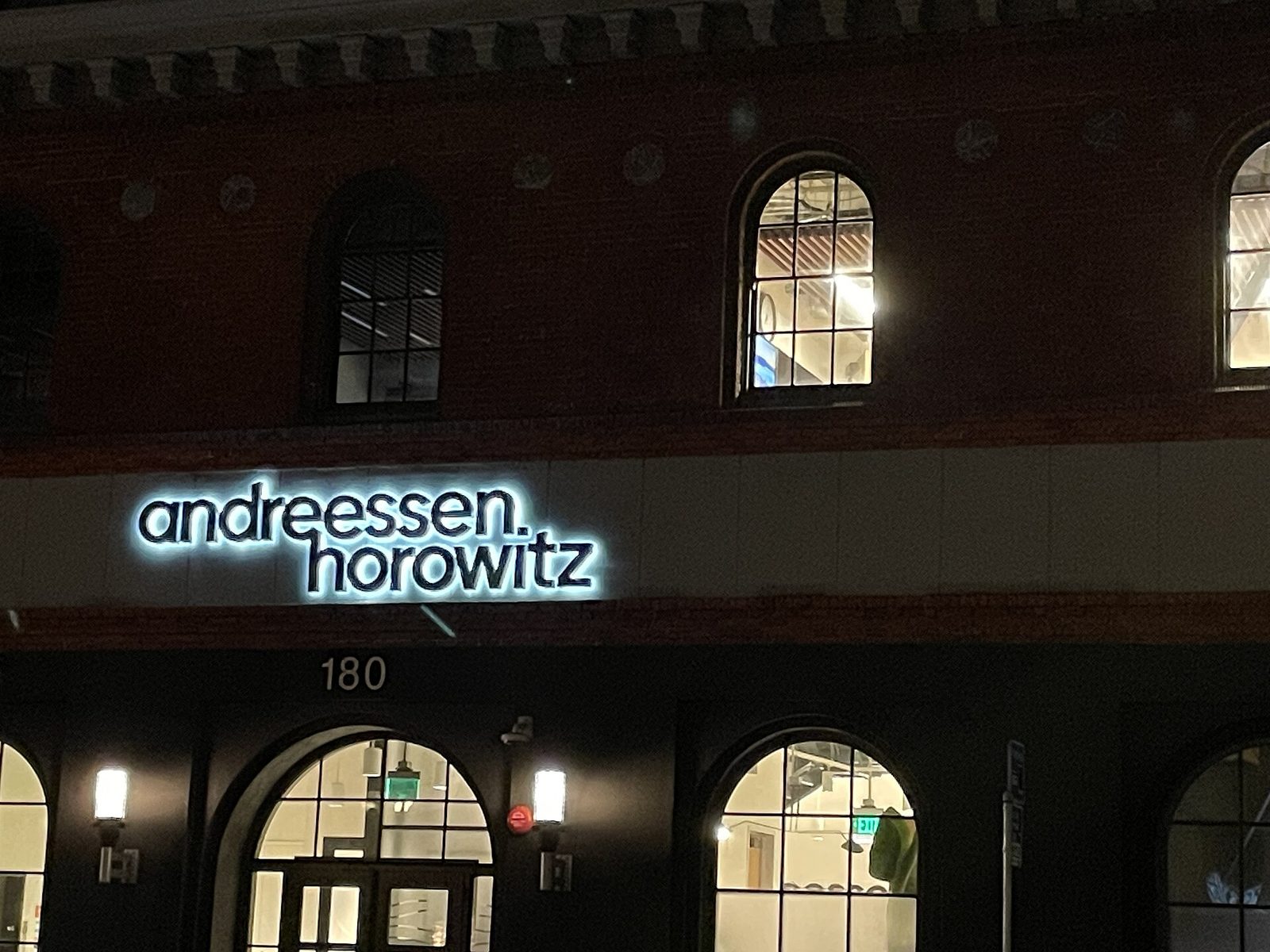 The Andreessen Horowitz office building on Townsend Street in San Francisco at night