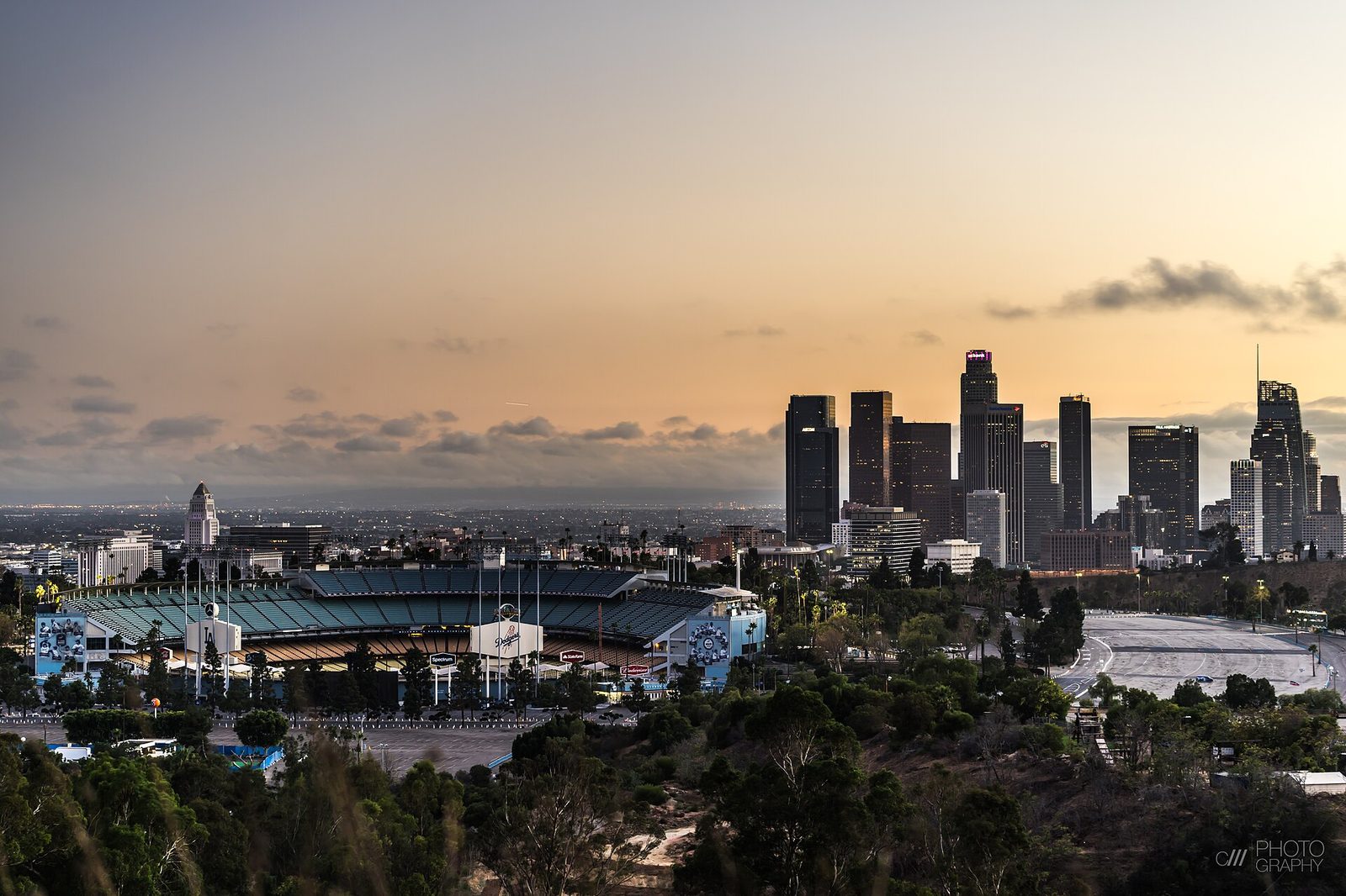 Dodger Stadium with downtown Los Angeles in the background