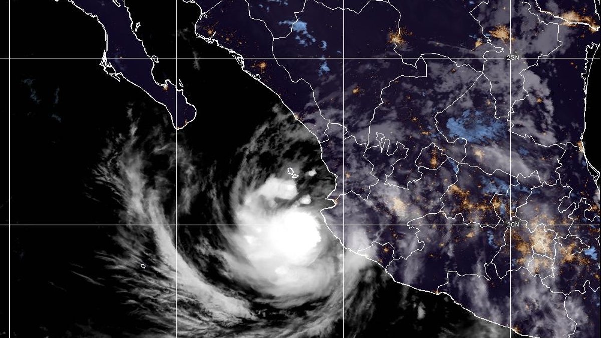 Satellite view of Hurricane Simon's clouds swirling off the coast of west-central Mexico early Monday, Oct. 12, 2026
