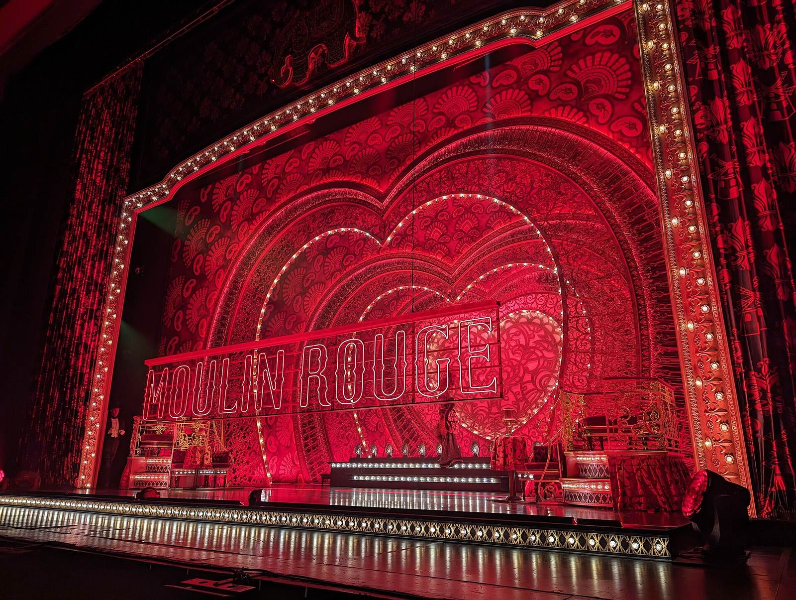 The stage set for the musical "Moulin Rouge!" at the John F. Kennedy Center for the Performing Arts in Washington, D.C.