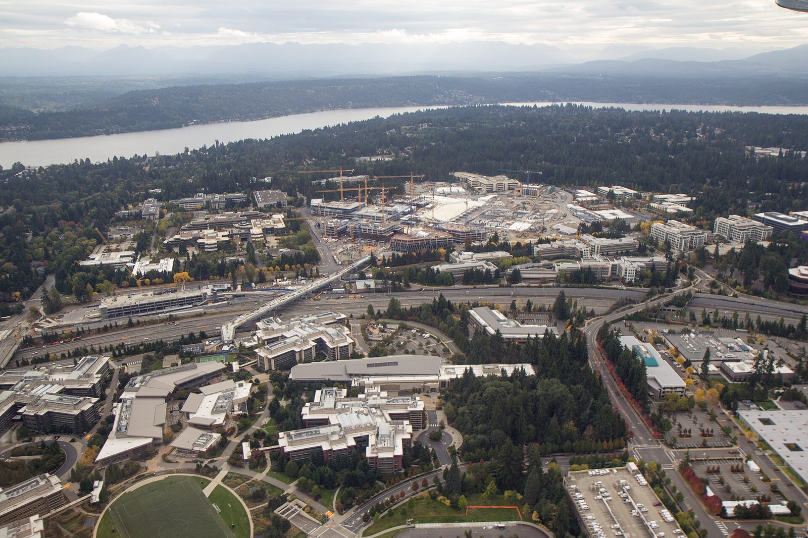 The redevelopment of the Microsoft campus, the company's headquarters in Redmond, Washington, as seen from a plane flying to the east