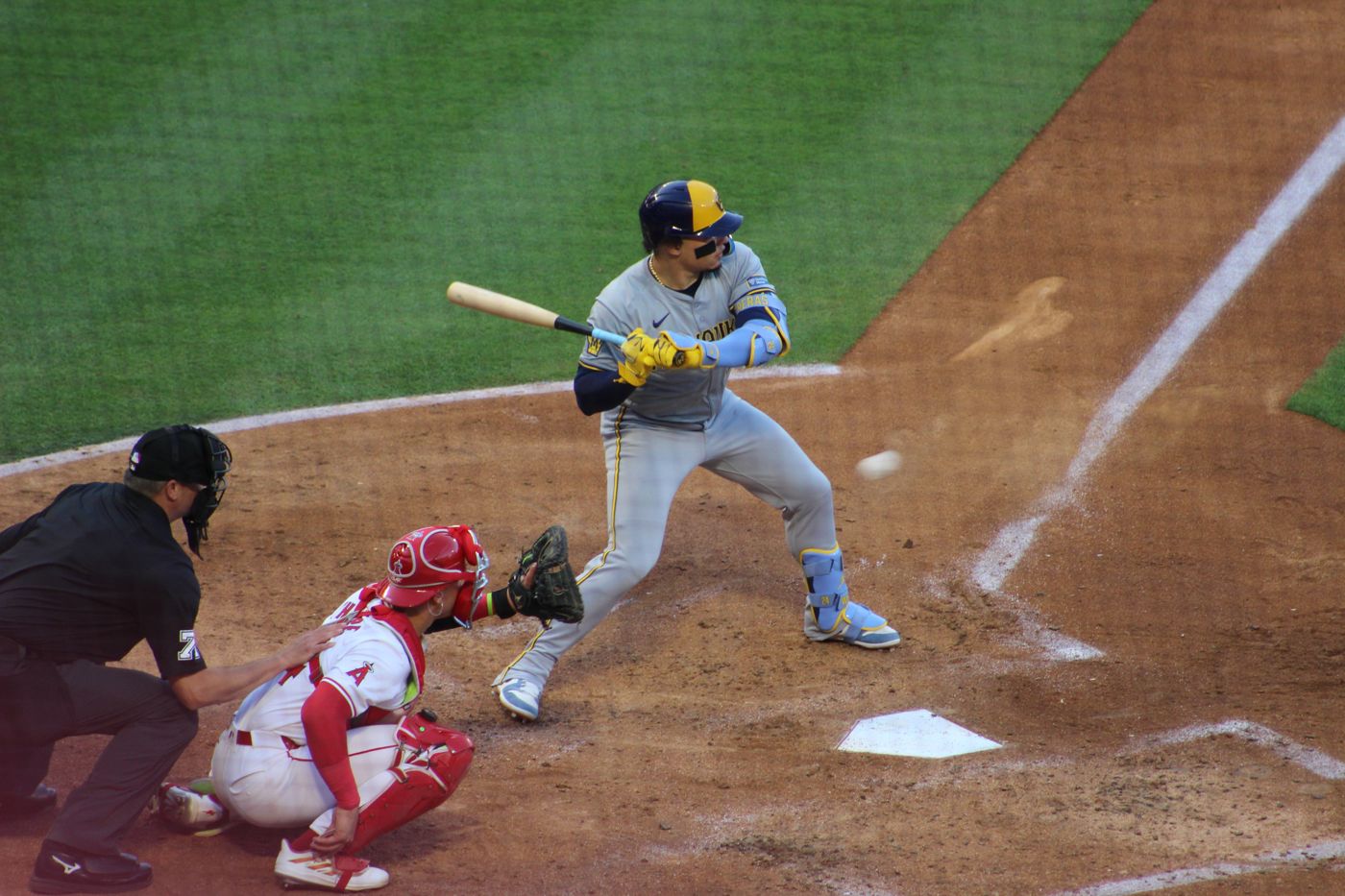 Brewers catcher William Contreras bats against the Angels in Anaheim in June 2024