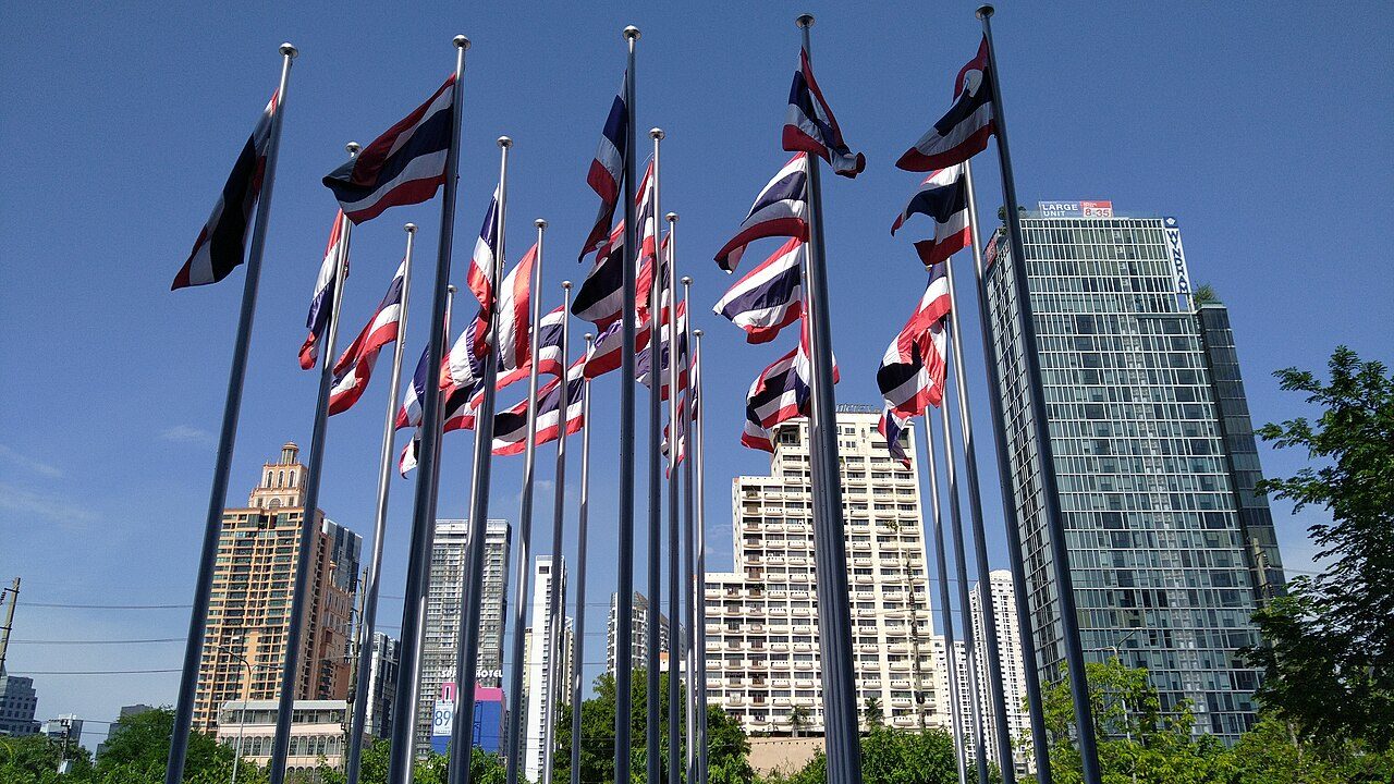 Thai flags fly outside the Queen Sirikit National Convention Center in Bangkok in 2023