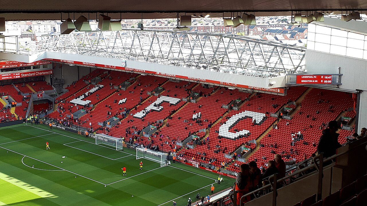 The Kop stand at Anfield, Liverpool's home stadium, before a match
