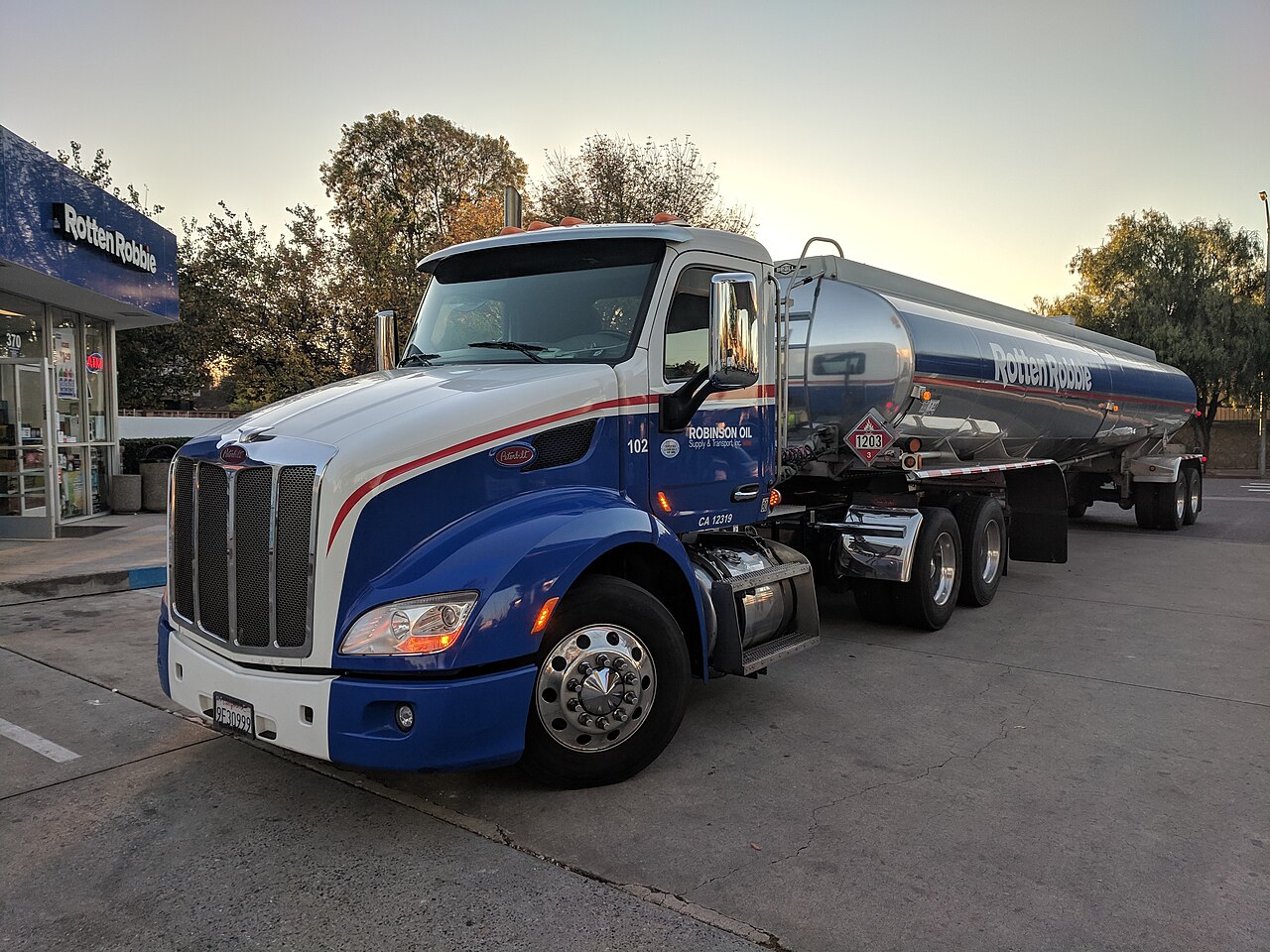 A fuel tanker truck parked at a gas station in Campbell, California, in 2018