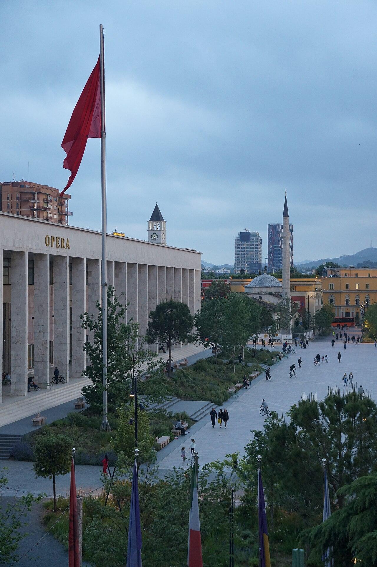 Skanderbeg Square in Tirana, Albania, in the evening