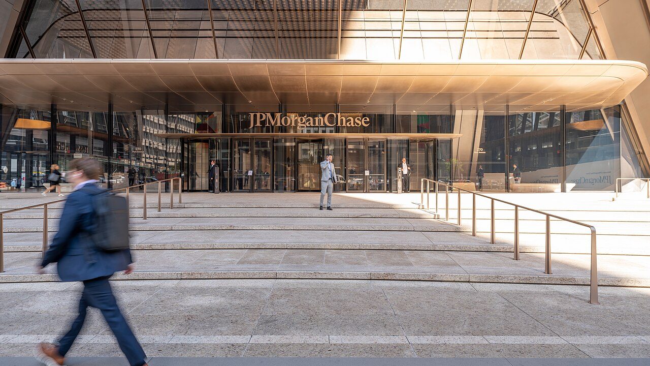 The glass-fronted entrance of JPMorgan Chase's headquarters at 270 Park Avenue in New York