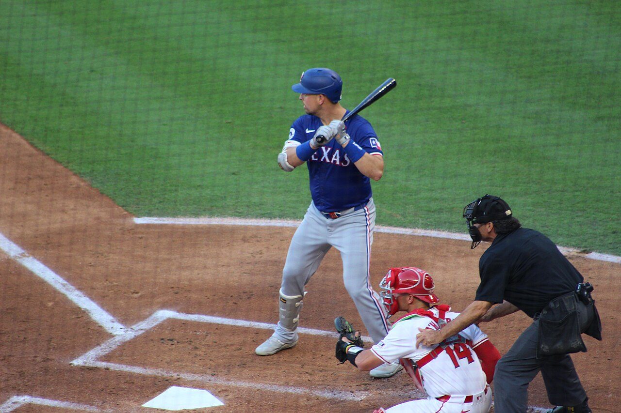 Nathaniel Lowe bats for the Texas Rangers at Angel Stadium in July 2024