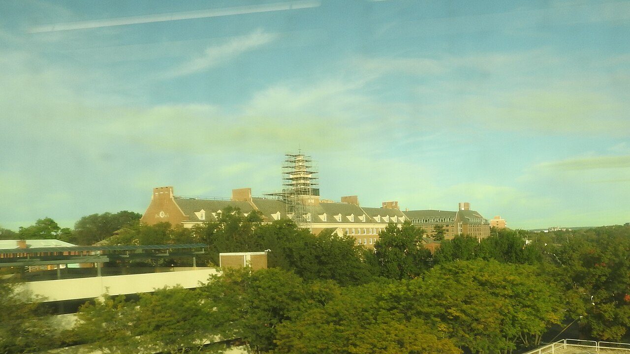 A Johnson & Johnson office building in New Brunswick, New Jersey, seen from a passing train