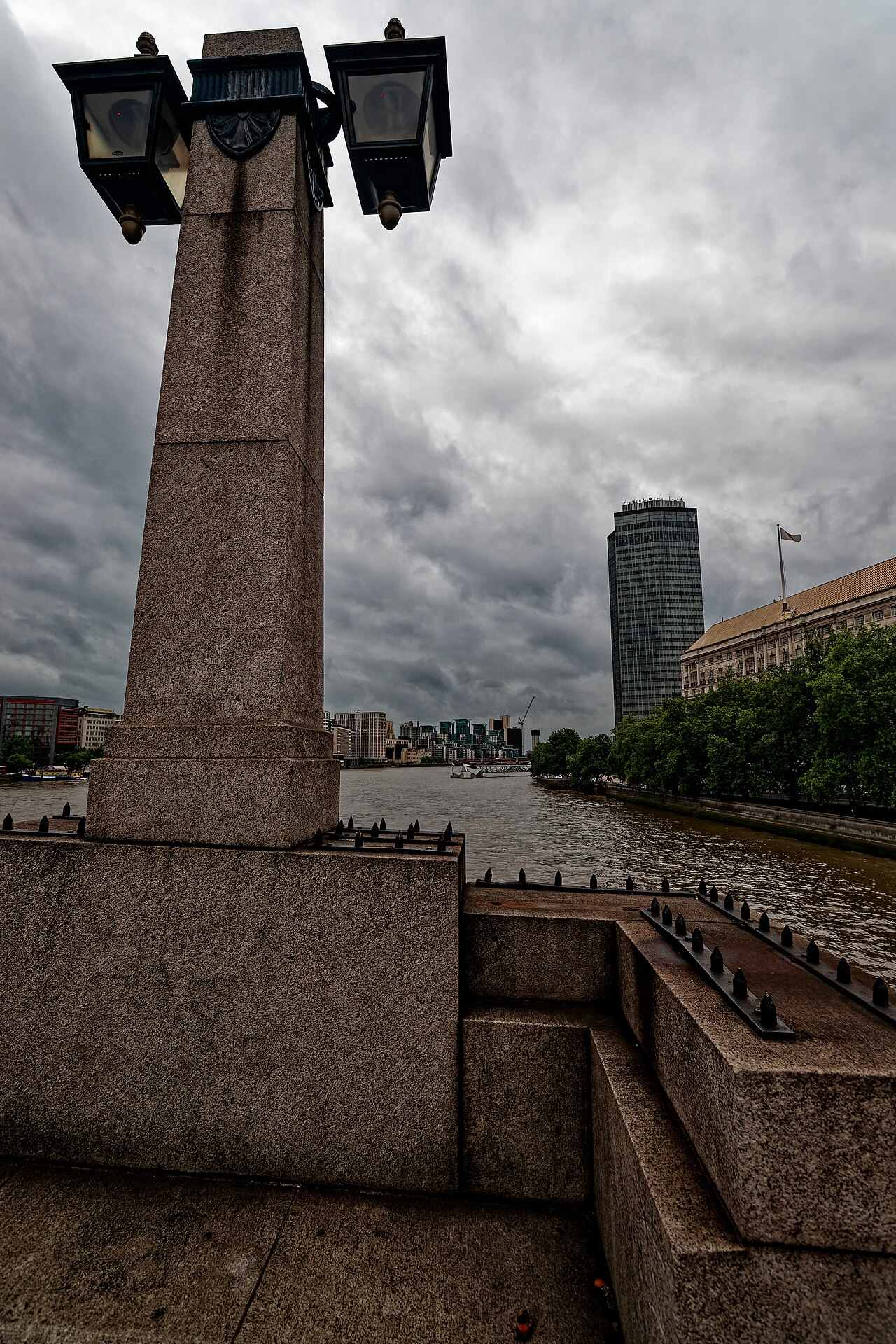 A lamp-topped stone obelisk on Lambeth Bridge in London, near MI5's headquarters