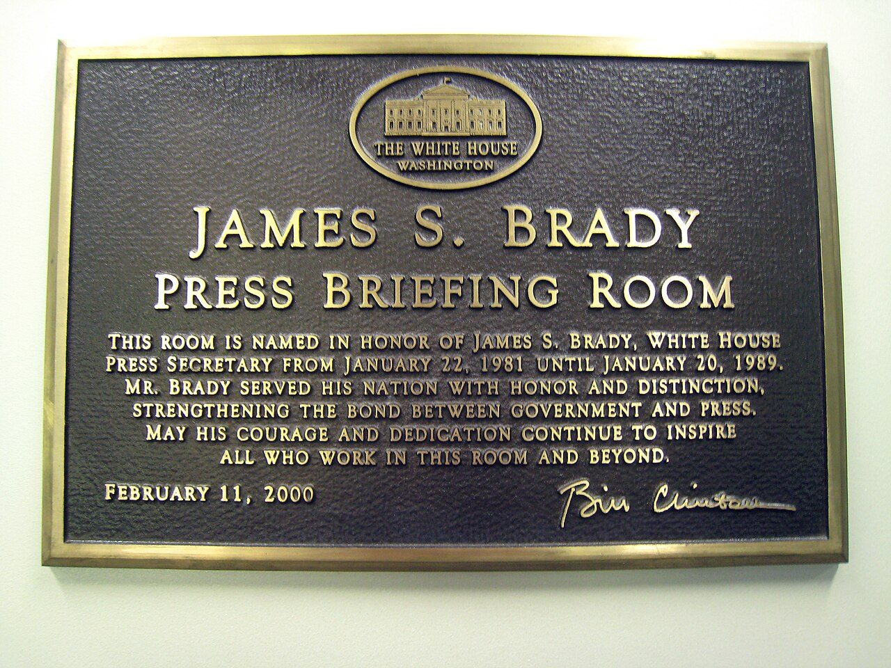 The plaque outside the James S. Brady Press Briefing Room at the White House