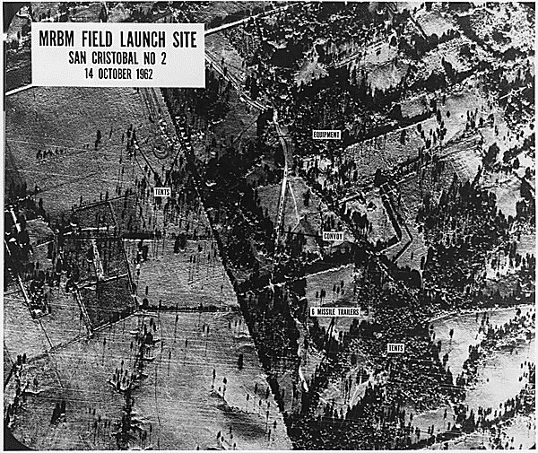 Black-and-white aerial reconnaissance photo of a Soviet missile launch site at San Cristobal, Cuba, taken October 14, 1962.