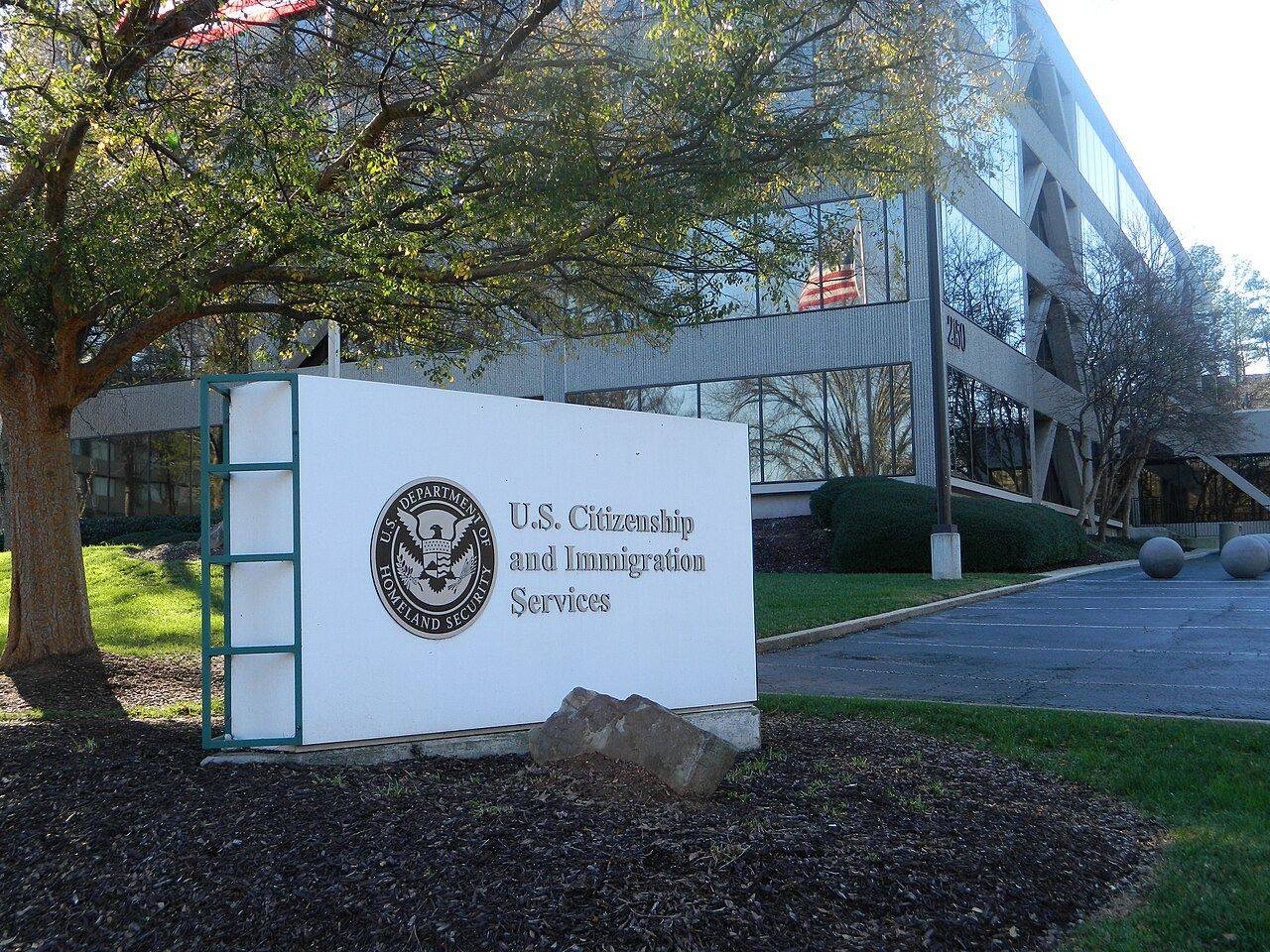 Sign bearing the Homeland Security seal outside a U.S. Citizenship and Immigration Services office building in DeKalb County, Georgia