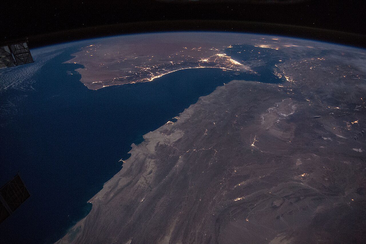 The Gulf of Oman and the Strait of Hormuz at night, photographed from the International Space Station