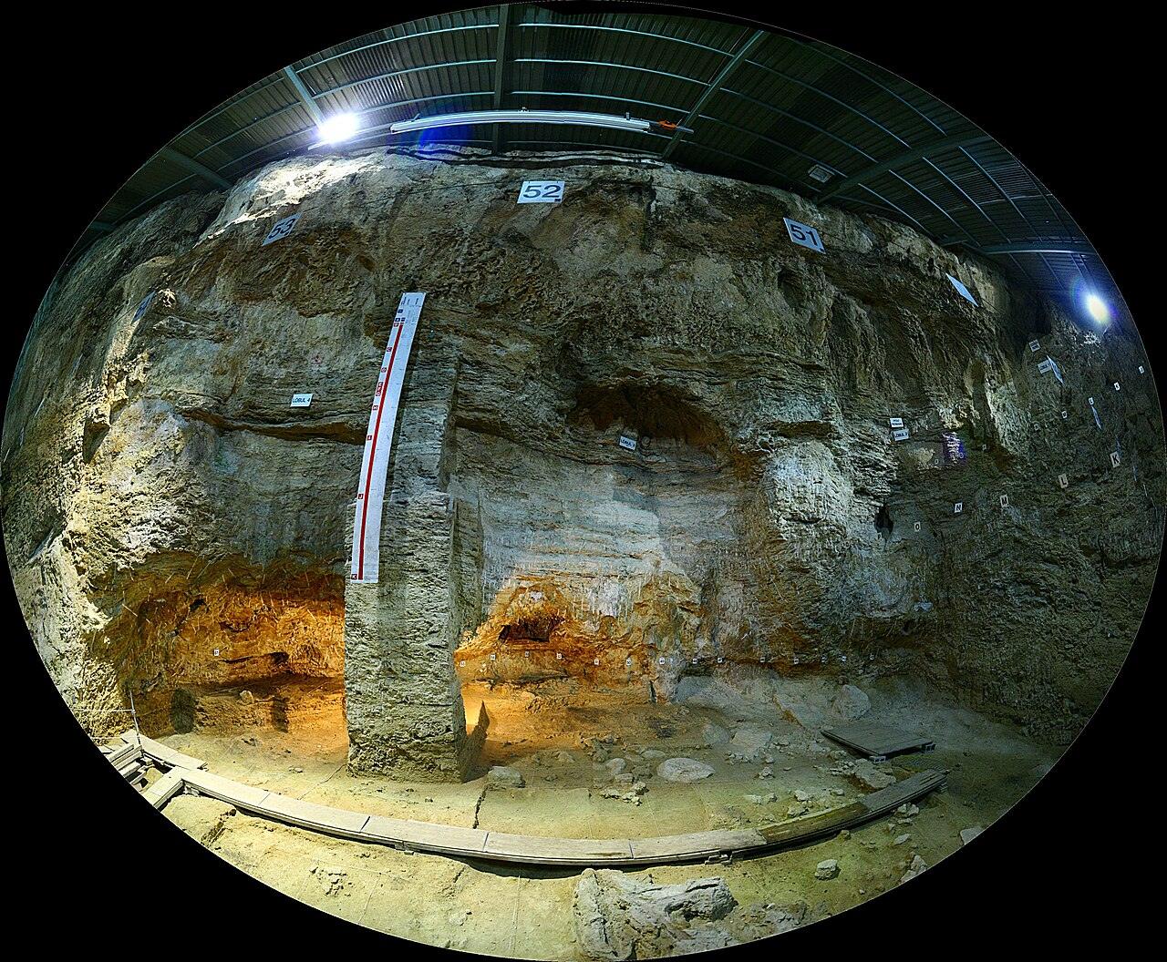 Panoramic view of the Abric Romaní rock shelter in Spain
