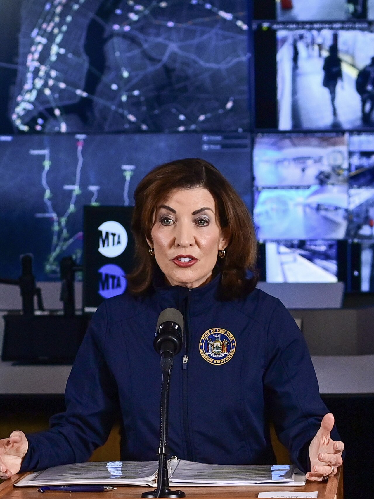 New York Gov. Kathy Hochul speaking at the MTA headquarters in October 2025