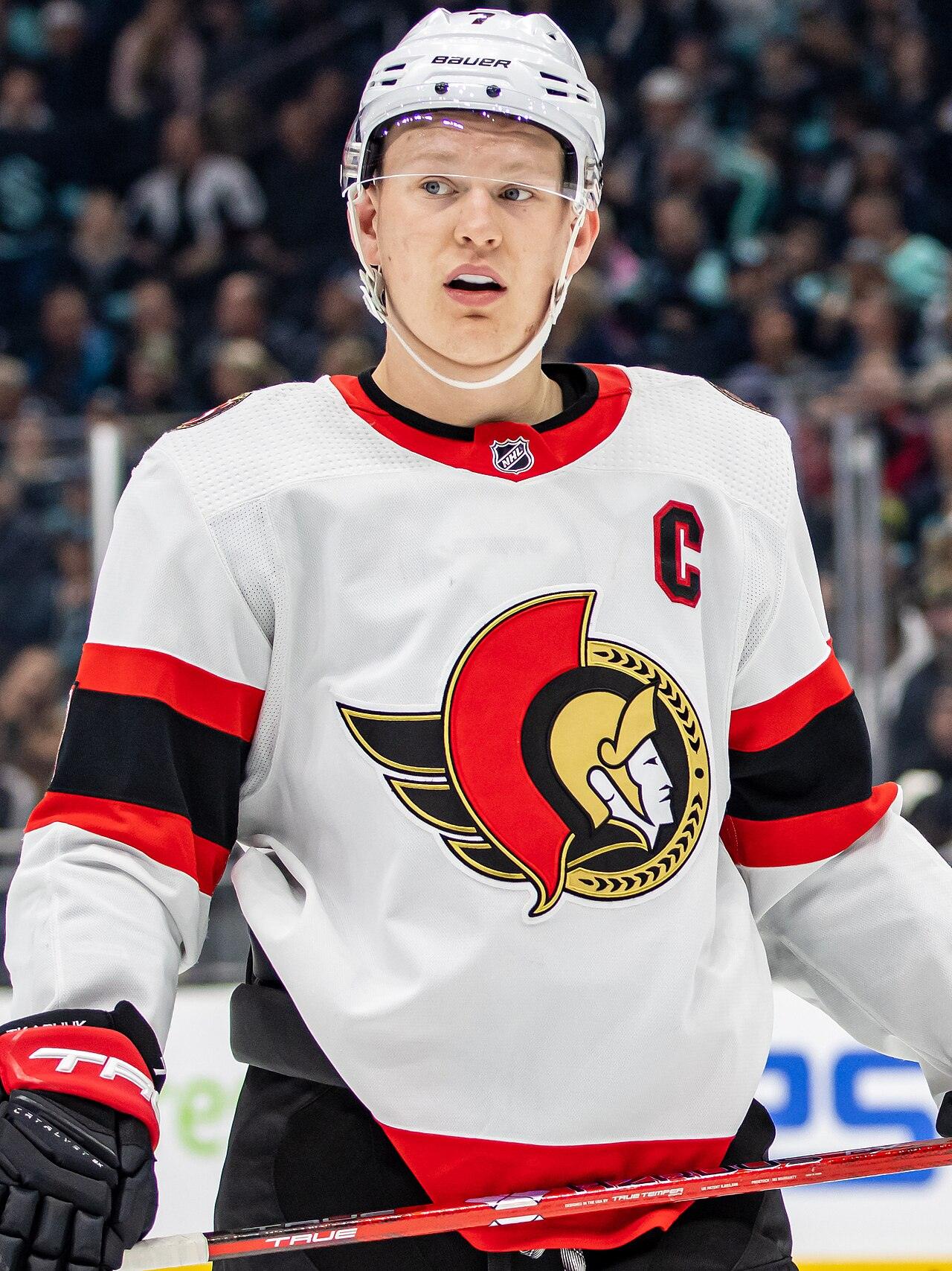 Brady Tkachuk skating for the Ottawa Senators in Seattle in 2023