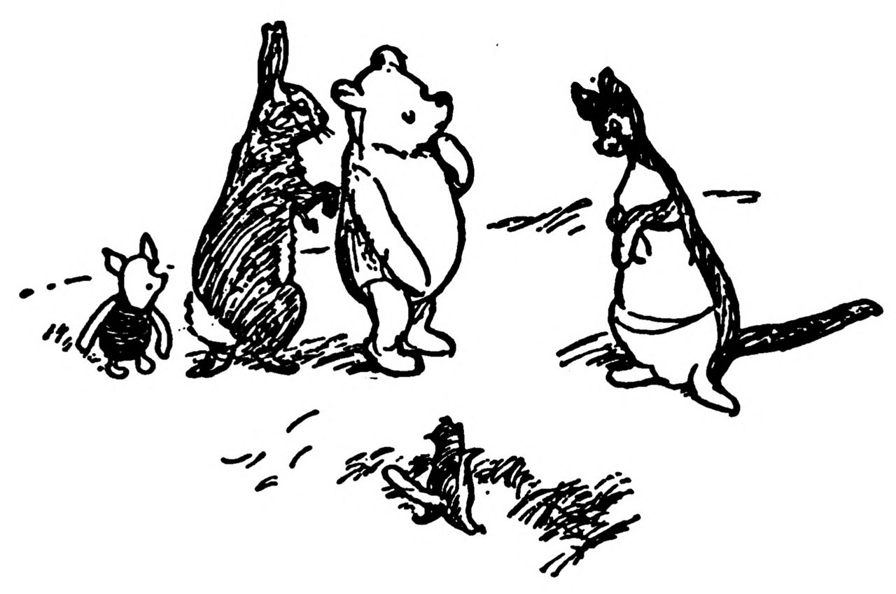 Black-and-white line drawing by E.H. Shepard from the 1926 book Winnie-the-Pooh, showing characters from the Hundred Acre Wood.
