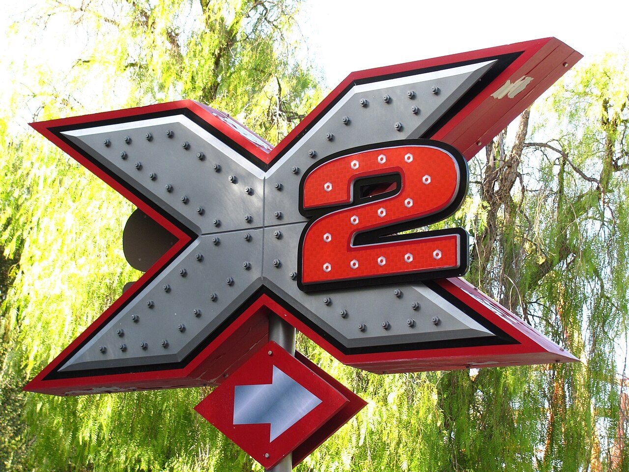 The X2 roller coaster sign at Six Flags Magic Mountain