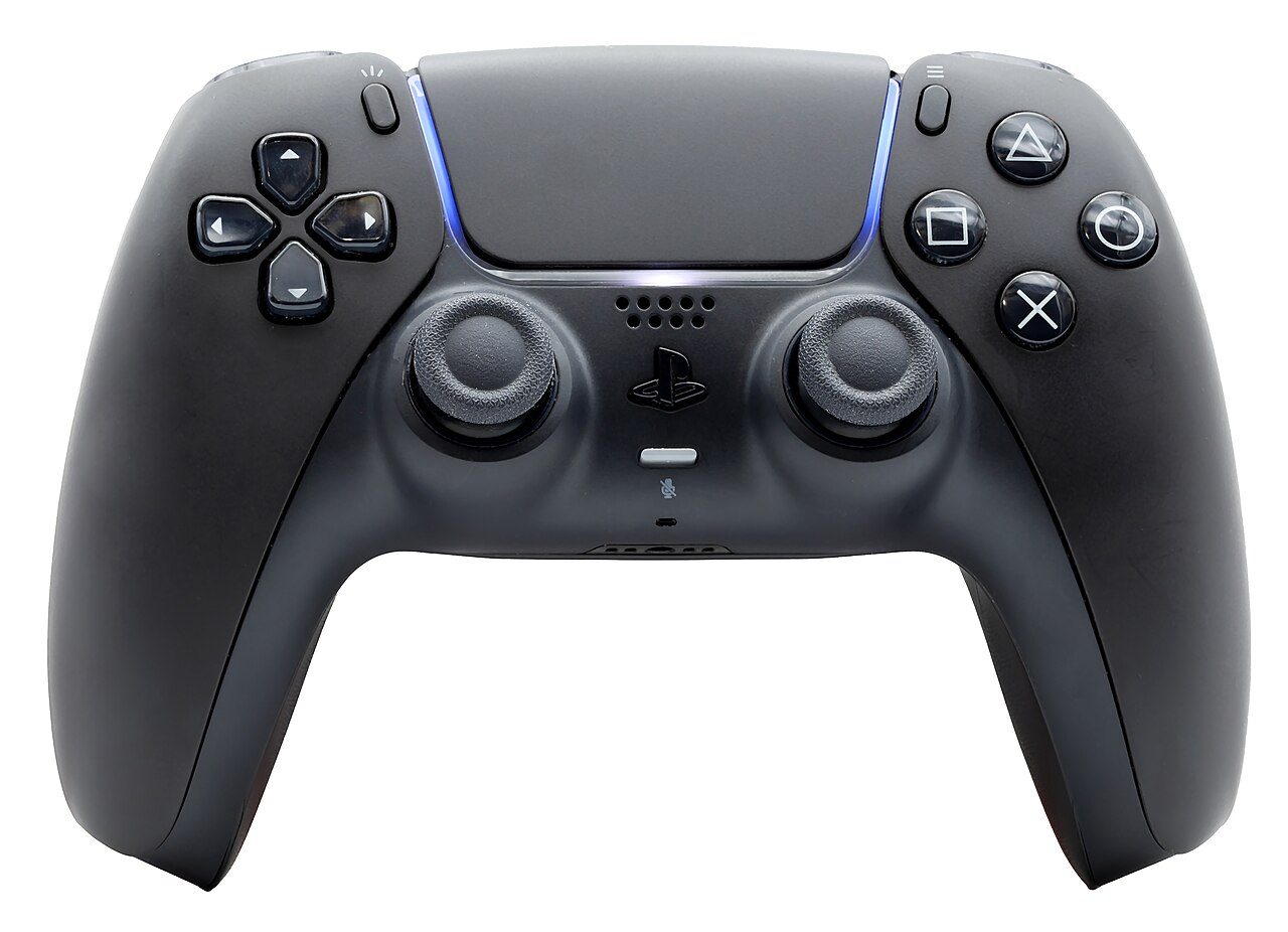 A black PlayStation 5 DualSense controller seen from the front on a white background
