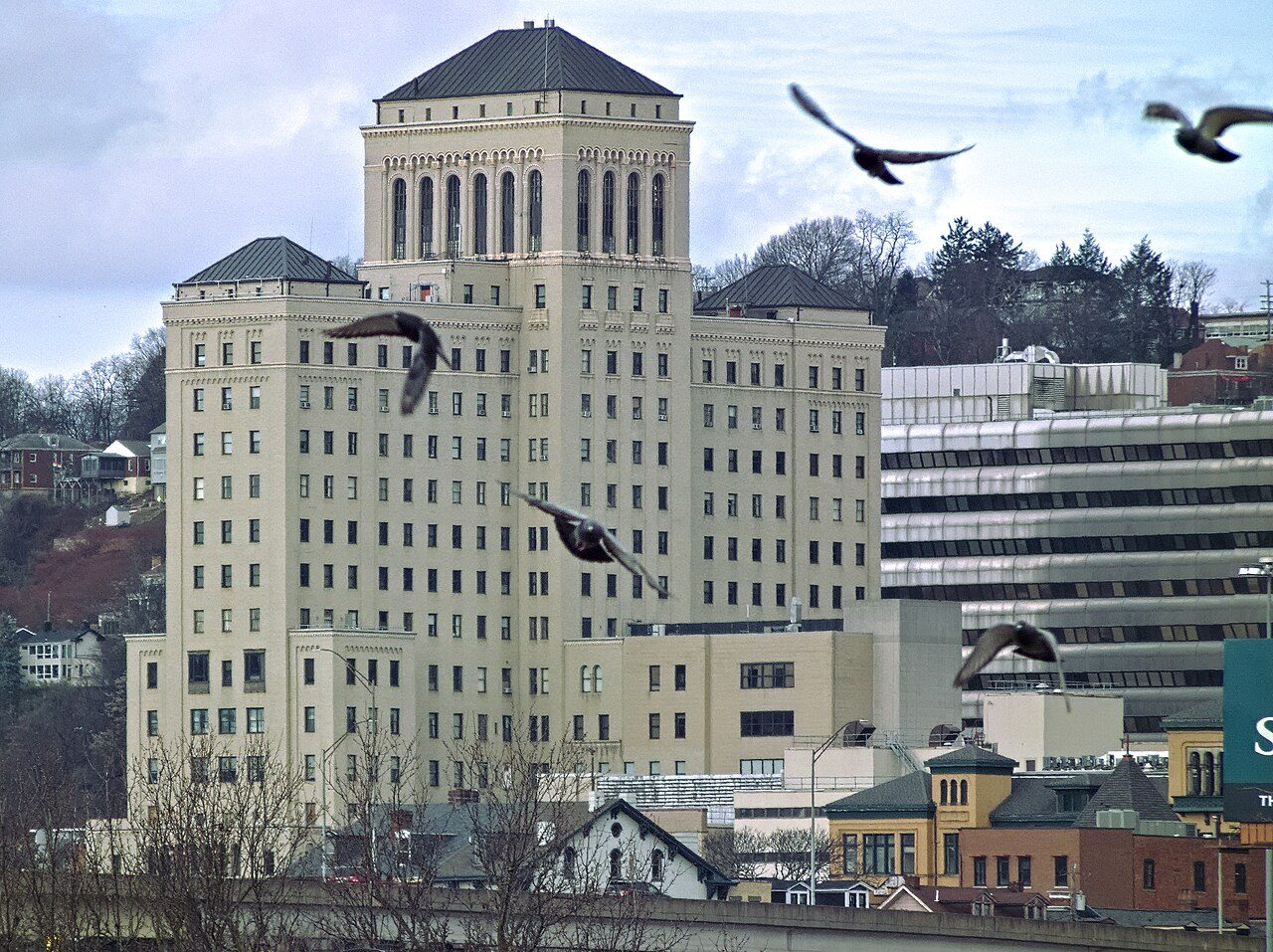 A tall cream-colored hospital tower with older brick buildings and bare trees in the foreground under a cloudy sky