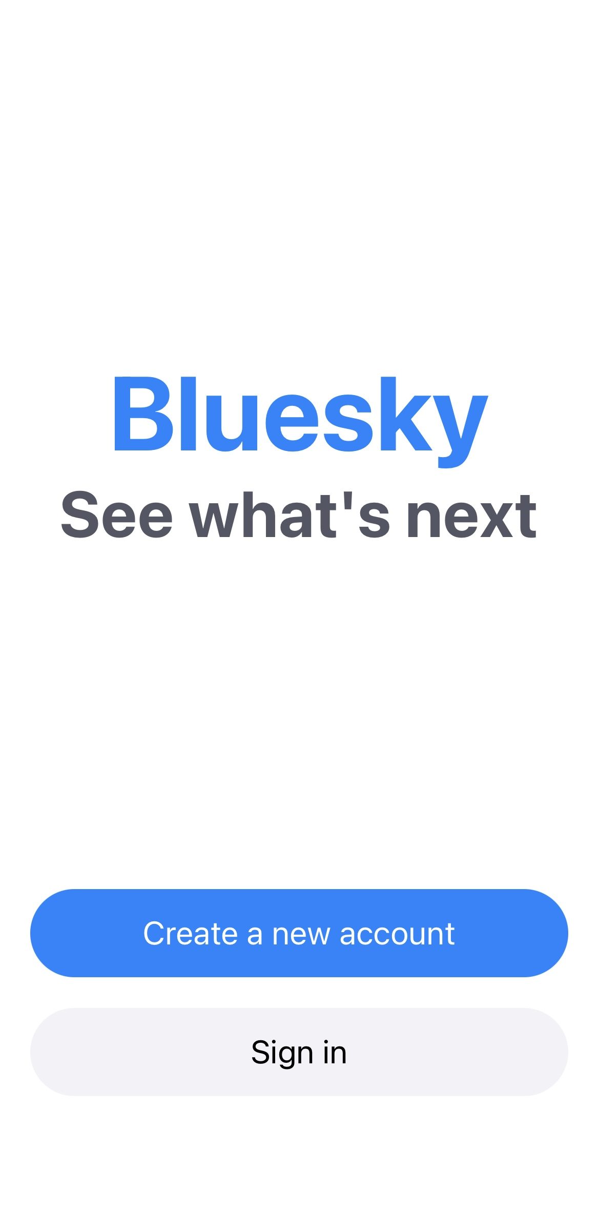 A phone screen showing the Bluesky name, the words See what's next and sign-up buttons on a white background