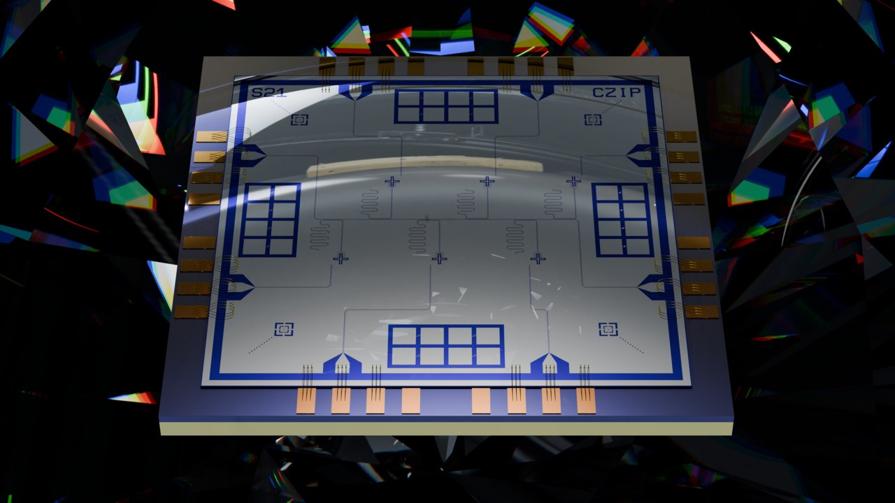 A computer rendering of a square gray quantum processor chip with gold contacts along its edges against a dark, glittering background