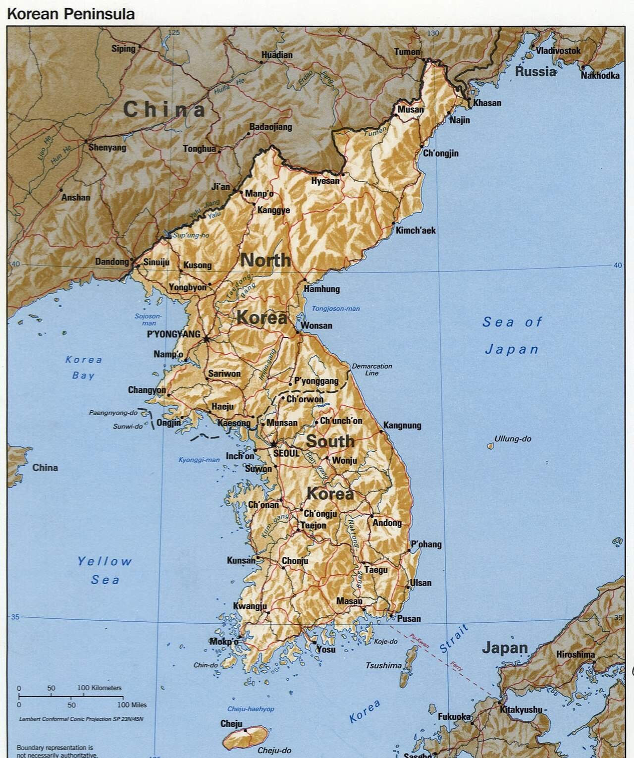 A shaded relief map of the Korean Peninsula showing North and South Korea between the Yellow Sea and the Sea of Japan