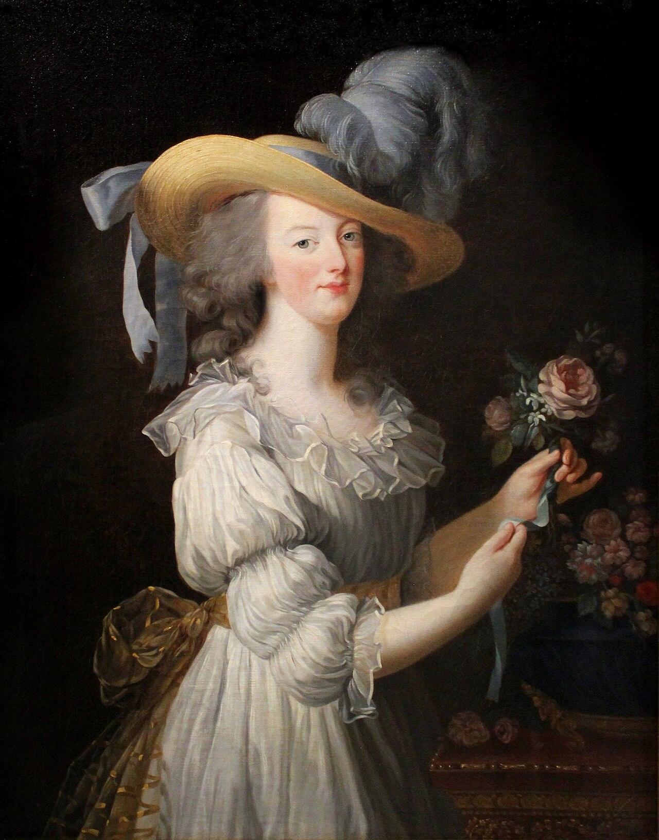 A painted portrait of a young woman in a white muslin dress and a wide straw hat with gray feathers, holding a rose