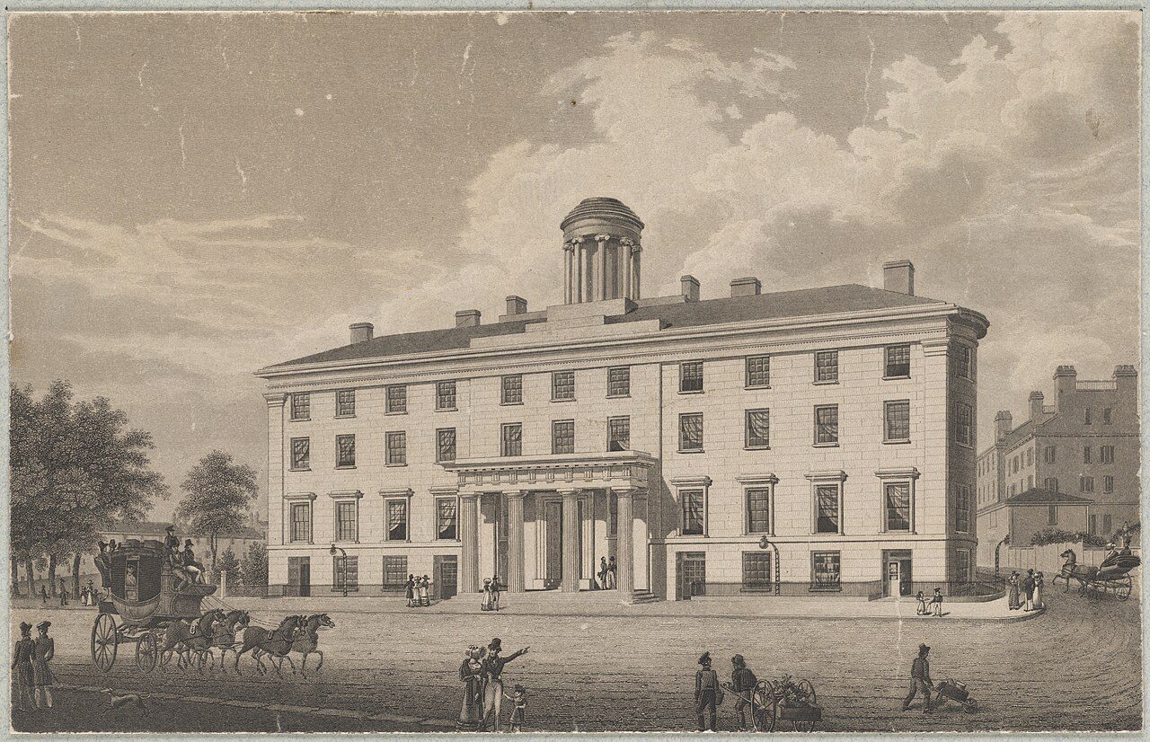 An old engraving of a large four-story stone building with a columned entrance and a small dome, with a horse-drawn coach and people on the street in front