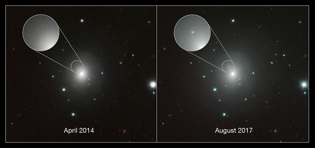 Two side-by-side telescope images of a fuzzy galaxy, labeled April 2014 and August 2017, with a zoomed circle showing a new dot of light in the later image