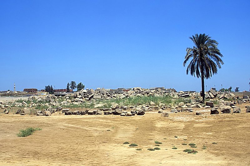 Scattered stone blocks and ruins on dry, sandy ground under a blue sky, with a palm tree