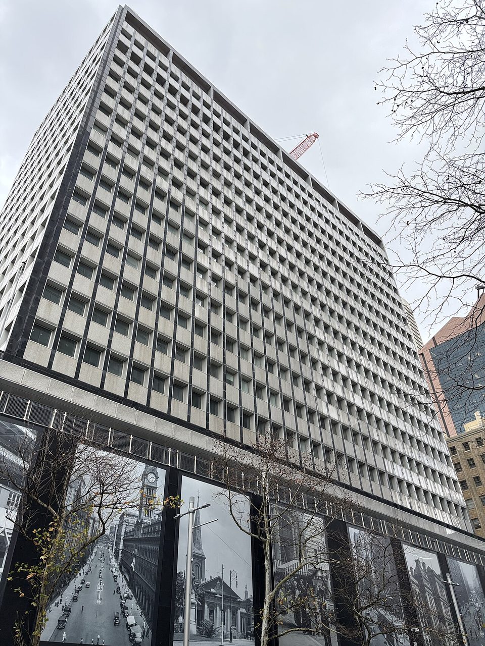 The Reserve Bank of Australia's tall office tower in Sydney, with rows of square windows, seen from the street beside a bare tree