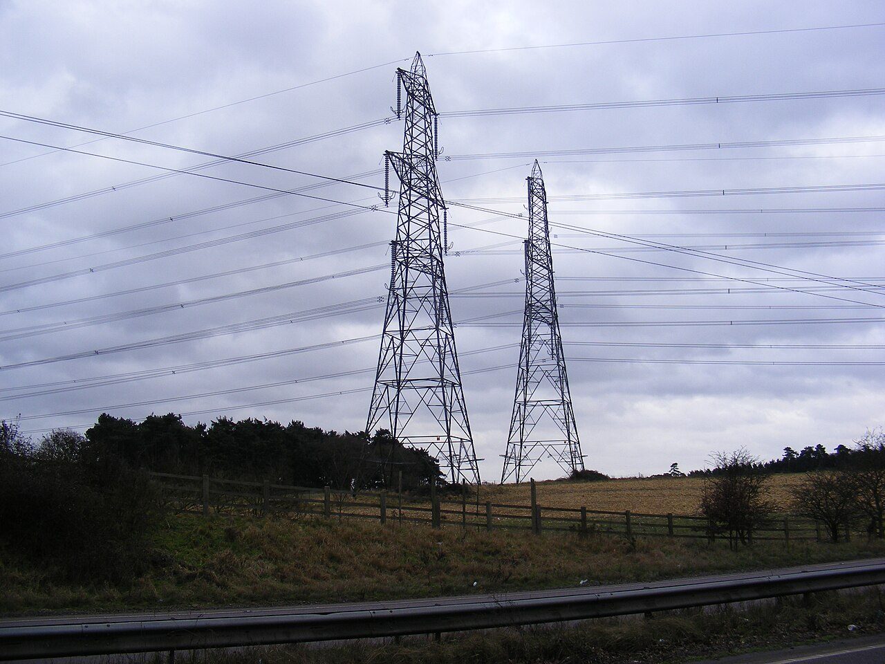 Two tall steel electricity pylons carrying power lines across a flat green field under a gray sky