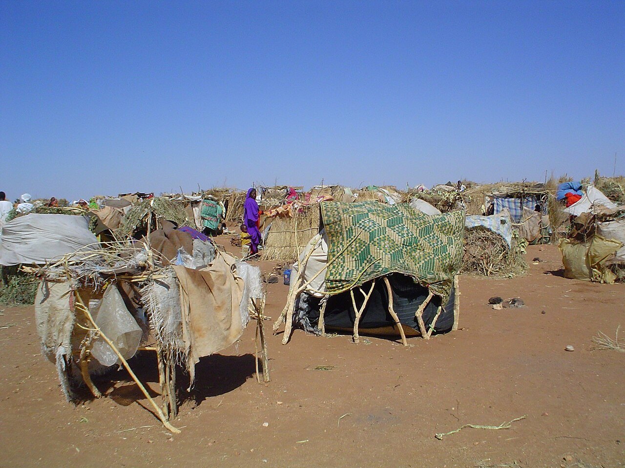 Makeshift shelters made of sticks, cloth and plastic sheeting on dry, sandy ground at a camp for displaced people