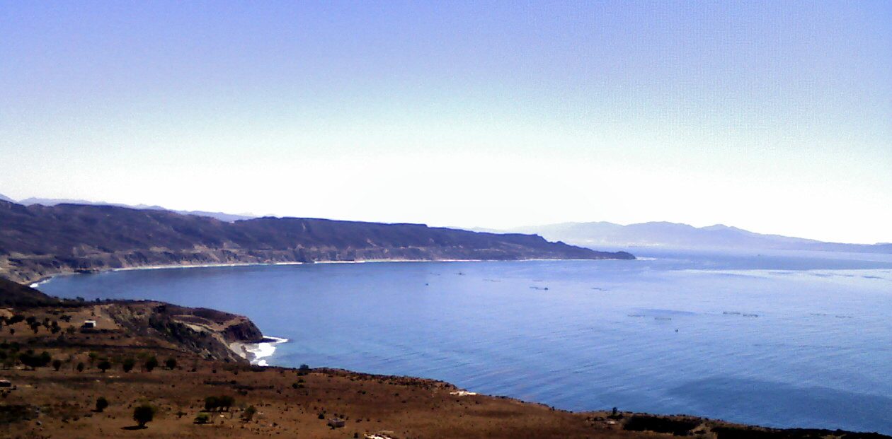 A wide blue bay curves beneath dry brown hills and cliffs under a pale hazy sky, seen from a hillside with low scrub and a few small bushes in the foreground